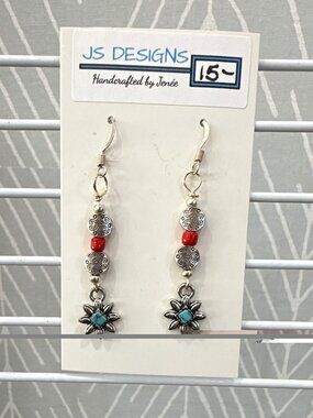 JS Designs Handcrafted Silver Plated Dangle Earrings Turquoise Flower Red Beads